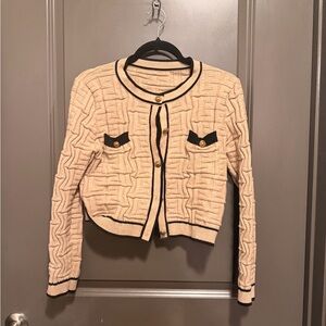 SHEIN Cream Cropped Knit Cardigan with Black Trim and Gold Buttons